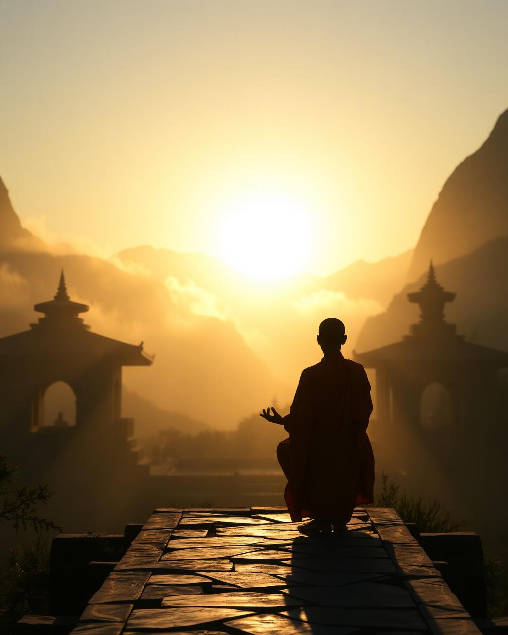 Monk meditating at dawn